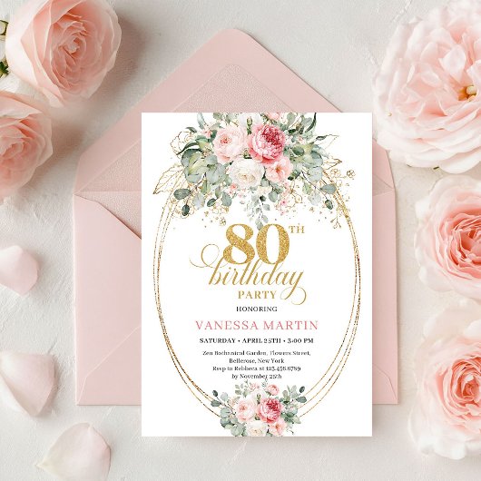 Glam Bohemian Blush Floral Gold 80th Birthday Kaart