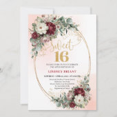 Glam Bohemian Deep Red Floral Gold Sweet 16 Invite Kaart (Voorkant)