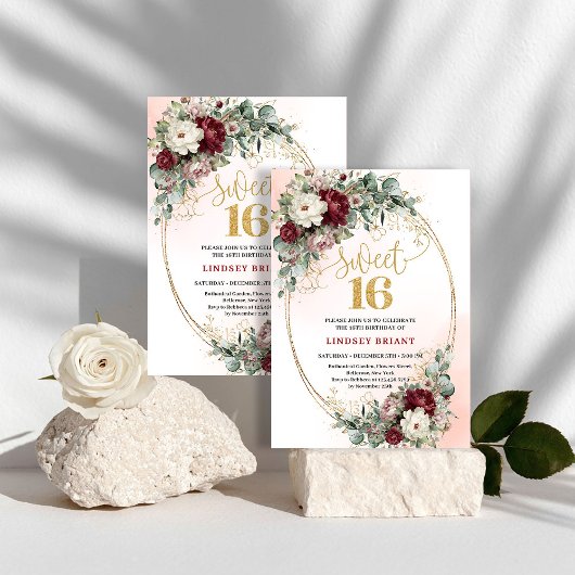 Glam Bohemian Deep Red Floral Gold Sweet 16 Invite Kaart