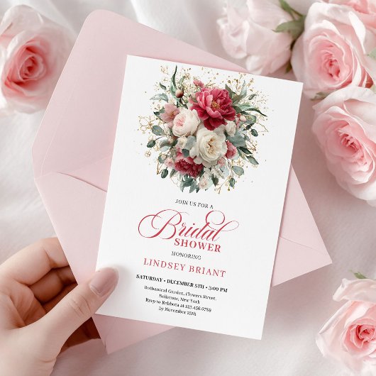 Glam Boho Burgundy Blush Floral Greenery Shower Kaart