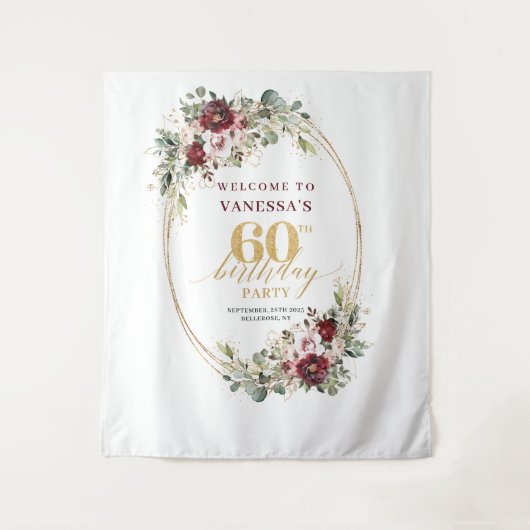 Glam Boho Burgundy Gold Floral 60th Birthday Prop Wandkleed (Voorkant)