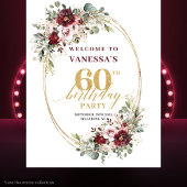 Glam Boho Burgundy Gold Floral 60th Birthday Prop Wandkleed