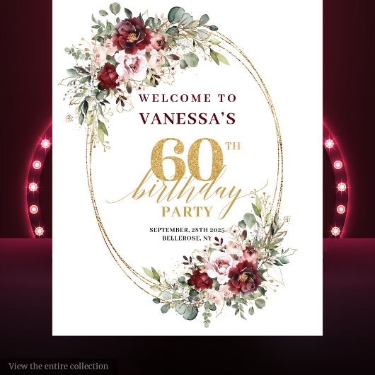 Glam Boho Burgundy Gold Floral 60th Birthday Prop Wandkleed