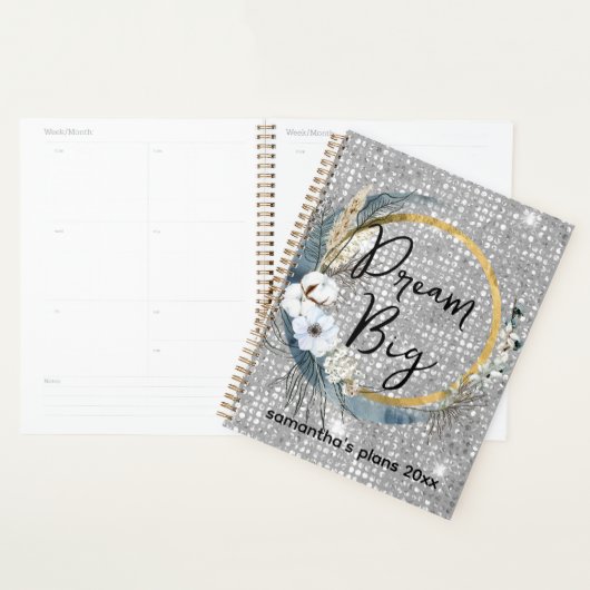 Glam Boho Celestial Moon Faux Silver Glitter Bokeh Planner (Display)