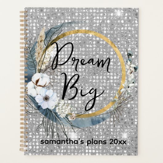Glam Boho Celestial Moon Faux Silver Glitter Bokeh Planner (Voorkant)