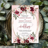 Glam Boho Dark Red Gold Floral Wedding Invitation Kaart