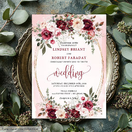 Glam Boho Dark Red Gold Floral Wedding Invitation Kaart