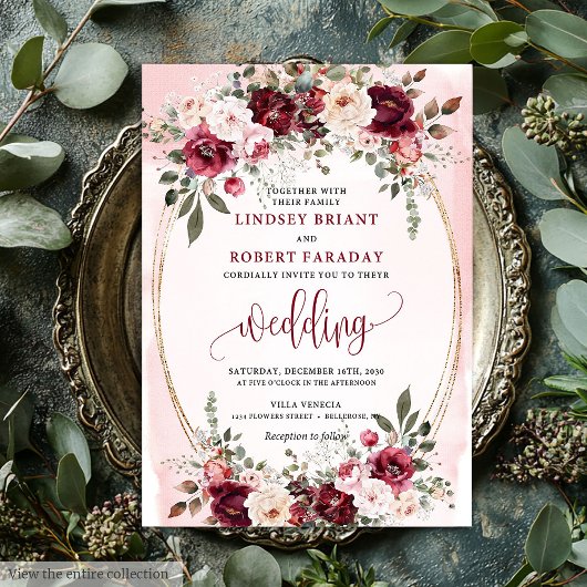 Glam Boho Dark Red Gold Floral Wedding Invitation Kaart