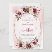 Glam Boho Dark Red Gold Floral Wedding Invitation Kaart (Voorkant)