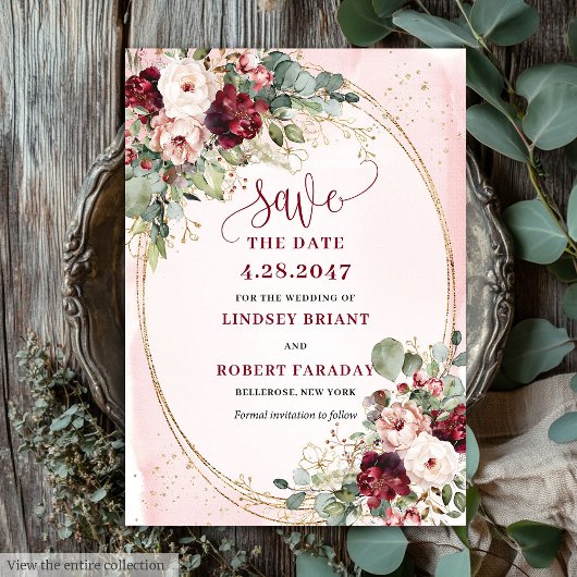 Glam Boho Deep Red Blush Gold Flowers Save Date Kaart
