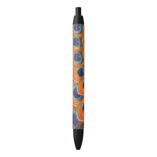 Glam Boho Oranje Blue Peacock Feathers Zwarte Inkt Pen (Voorkant Verticaal)