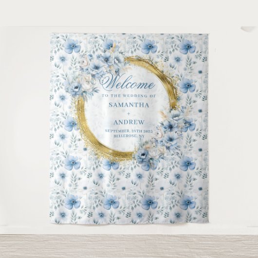 Glam Boho Pastel Blauw Goud Trouwfoto Prop Wandkleed (Voorkant)