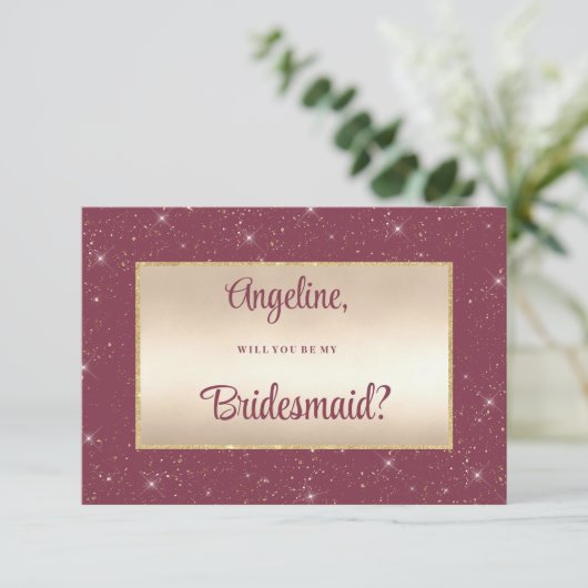 Glam bordeaux goud glitter confetti bruidsmeisje kaart (Staand voorkant)