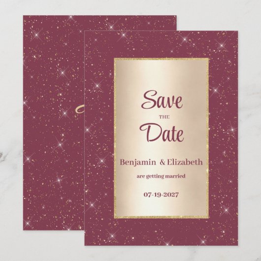 Glam bordeaux goud glitter confetti Save the Date Kaart (Voorkant / Achterkant)