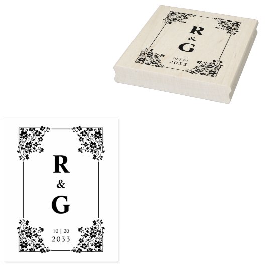 Glam Botanical Frame Wedding Initials Rubberstempel (Gestempeld)