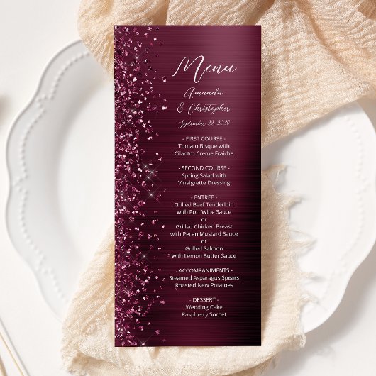Glam Bourgogne Glitter Brushed Metal Wedding Menu