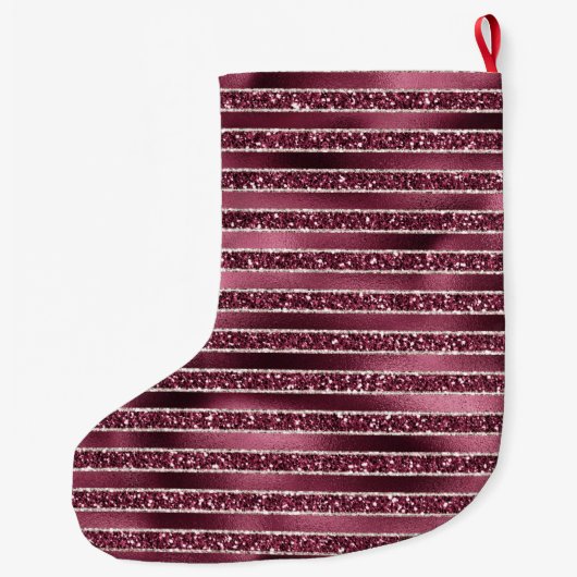 Glam Bourgogne Red Glitter Stripes Grote Kerstsok (Achterkant)