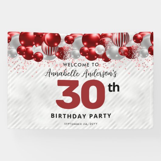 Glam Bourgogne Rood Zilveren Ballon Glitter Welkom Spandoek (Horizontaal)