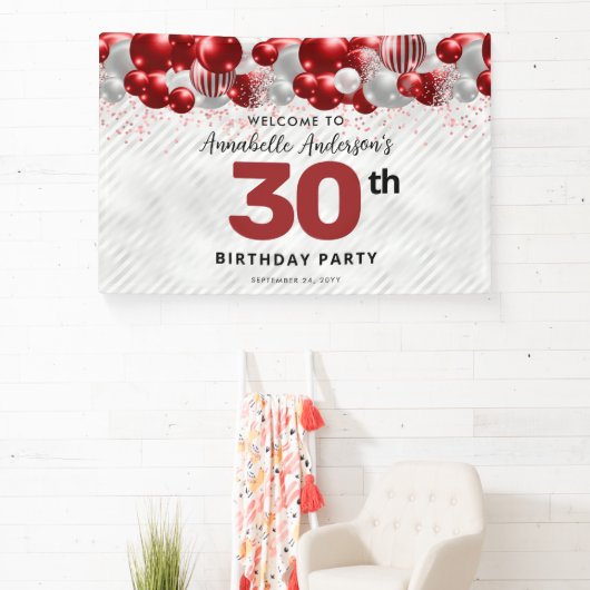 Glam Bourgogne Rood Zilveren Ballon Glitter Welkom Spandoek (Insitu)