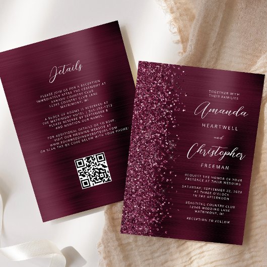 Glam Bourgondië Geborsteld Metaal QR Code Trouwen Kaart