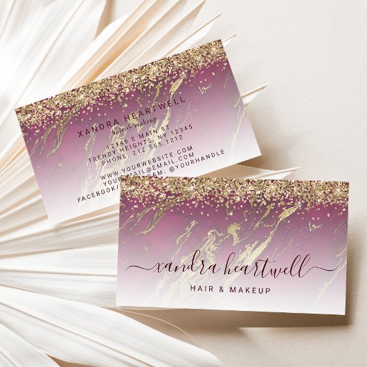 Glam Bourgondië Rood Goud Marmer Glitter Script Visitekaartje