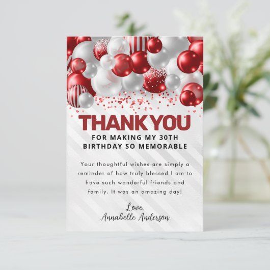 Glam Bourgondië rood zilveren ballon glitter verja Bedankkaart (Staand voorkant)