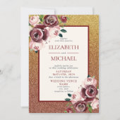 Glam Bourgondië Roos Gouden Glitter Bloemen Bruilo Kaart (Voorkant)