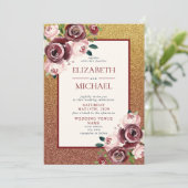 Glam Bourgondië Roos Gouden Glitter Bloemen Bruilo Kaart (Staand voorkant)