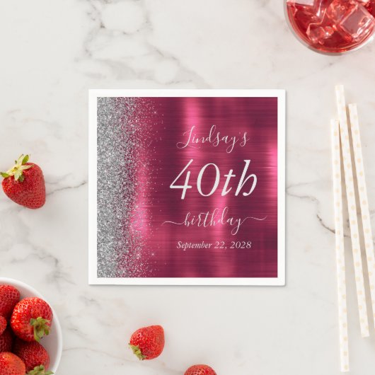 Glam Bourgondië Zilveren Glitter 40ste Verjaardags Servet (Insitu)