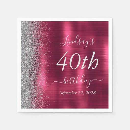 Glam Bourgondië Zilveren Glitter 40ste Verjaardags Servet (Voorkant)