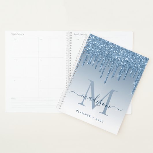 Glam Bright Blue Glitter Drips Girly Monogram 2021 Planner (Display)