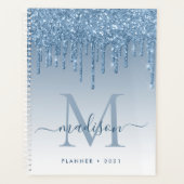 Glam Bright Blue Glitter Drips Girly Monogram 2021 Planner (Voorkant)
