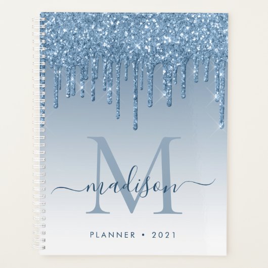 Glam Bright Blue Glitter Drips Girly Monogram 2021 Planner (Voorkant)