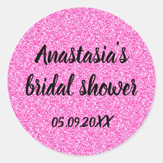 Glam Bruiloftsfeest Heet Roze Glitters Glans Naam Ronde Sticker (Voorkant)