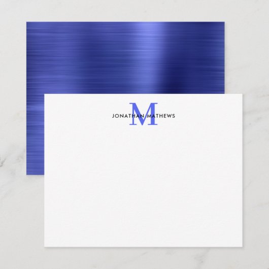 Glam Brushed Metal Royal Blue Classic Monogram Notitiekaartje (Voorkant / Achterkant)