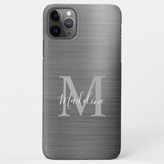 Glam Brushed Metallic Silver Grey Monogram iPhone Hoesje (Achterkant)