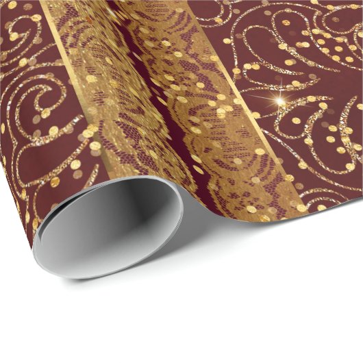 Glam Burgunde Wood Golden Folie Bloemenkant Cadeaupapier (Rol Hoek)