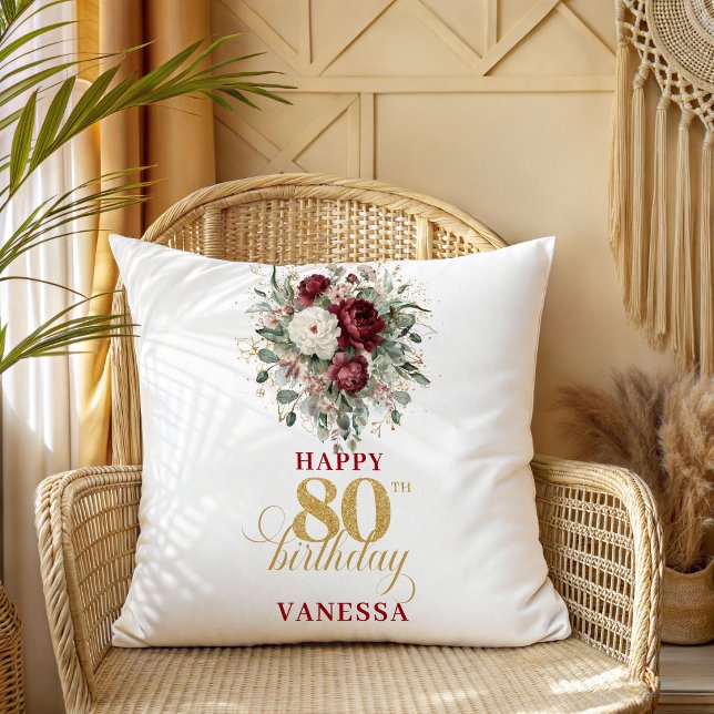 Glam Burgundy Blush 80ste Verjaardag Custom Kussen (Glam Burgundy Blush 80th Birthday Custom Pillow)