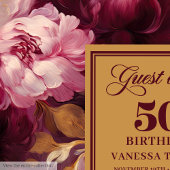 Glam Burgundy Blush Gold Floral 50th Birthday Gastenboek