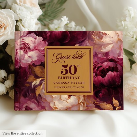Glam Burgundy Blush Gold Floral 50th Birthday Gastenboek