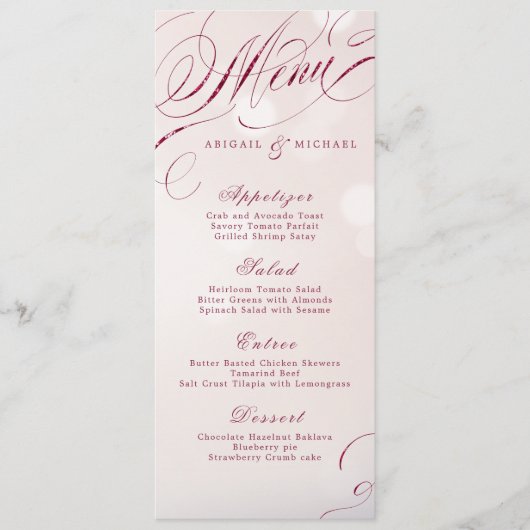 Glam burgundy calligraphy vintage bruiloft menu (Voorkant)