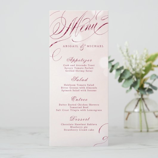 Glam burgundy calligraphy vintage bruiloft menu (Staand voorkant)