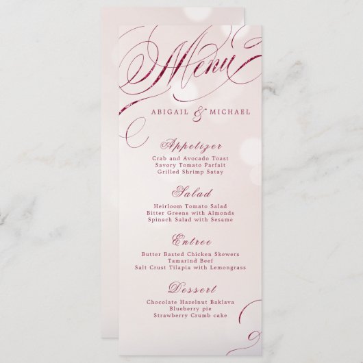 Glam burgundy calligraphy vintage bruiloft menu (Voorkant / Achterkant)