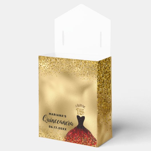 Glam Burgundy Dress Gold Glitter Quinceañera Bedankdoosjes (Geopend)