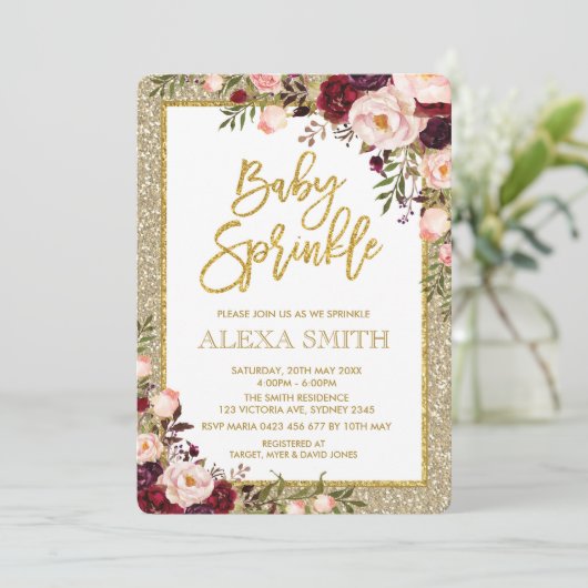 Glam Burgundy Floral roze Roses Baby shower Invite Kaart (Staand voorkant)