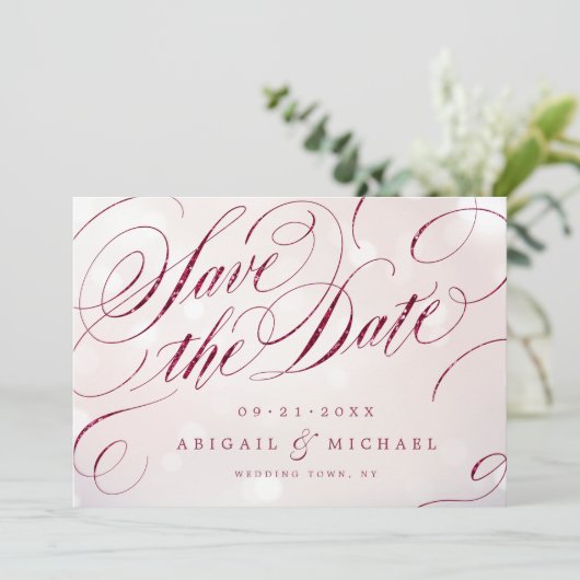 Glam burgundy  kalligrafie bespaart de datum save the date (Staand voorkant)