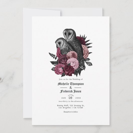  Glam Burgundy Owls gothic Wedding QR Code Kaart (Voorkant)