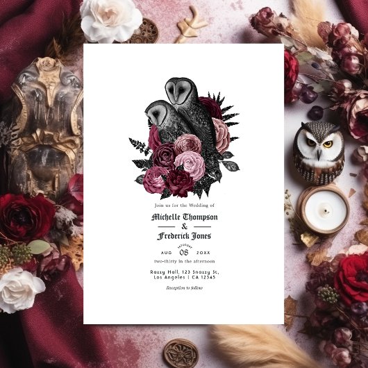  Glam Burgundy Owls gothic Wedding QR Code Kaart