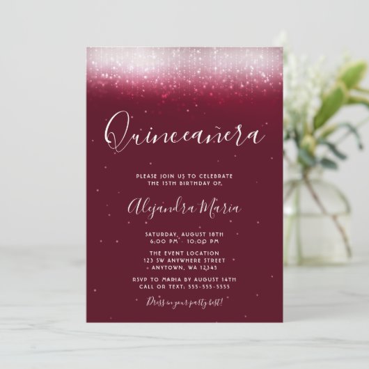 Glam Burgundy Quinceañera Kaart (Staand voorkant)
