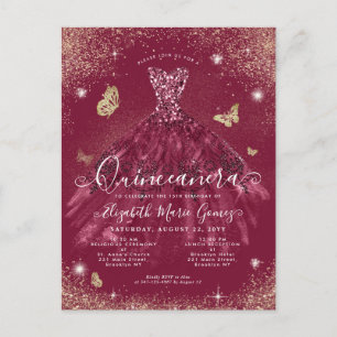 Glam Burgundy Red Gold Glitter Gown Quinceanera Briefkaart